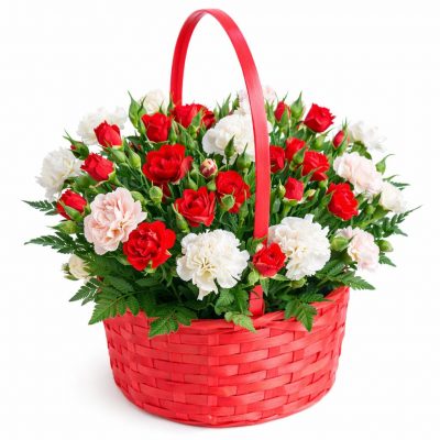 Цветы в корзинке с кустовыми розами