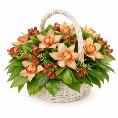 Цветы в корзинке с орхидеями