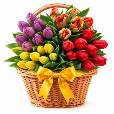 Цветы в корзинке с тюльпанами